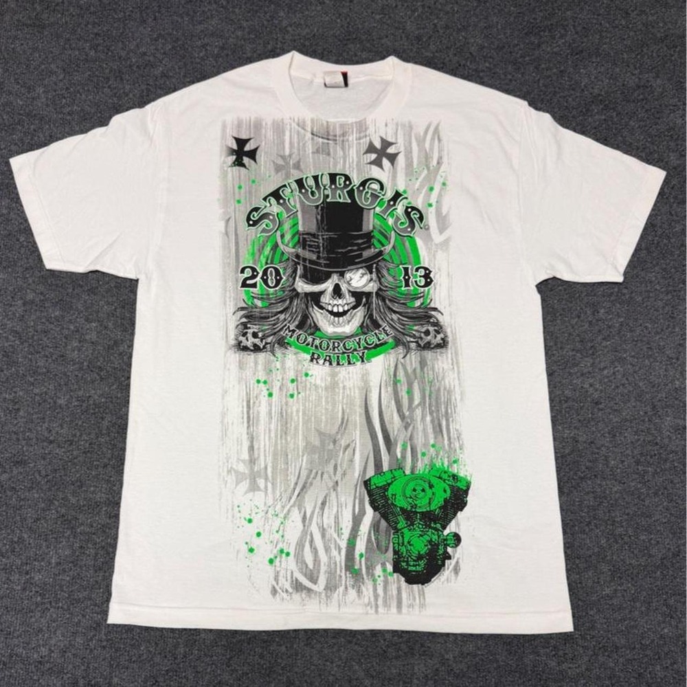 Hot Leathers Sturgis 2013 Motorcycle Rally Skull Graphic Tee Mens Large White